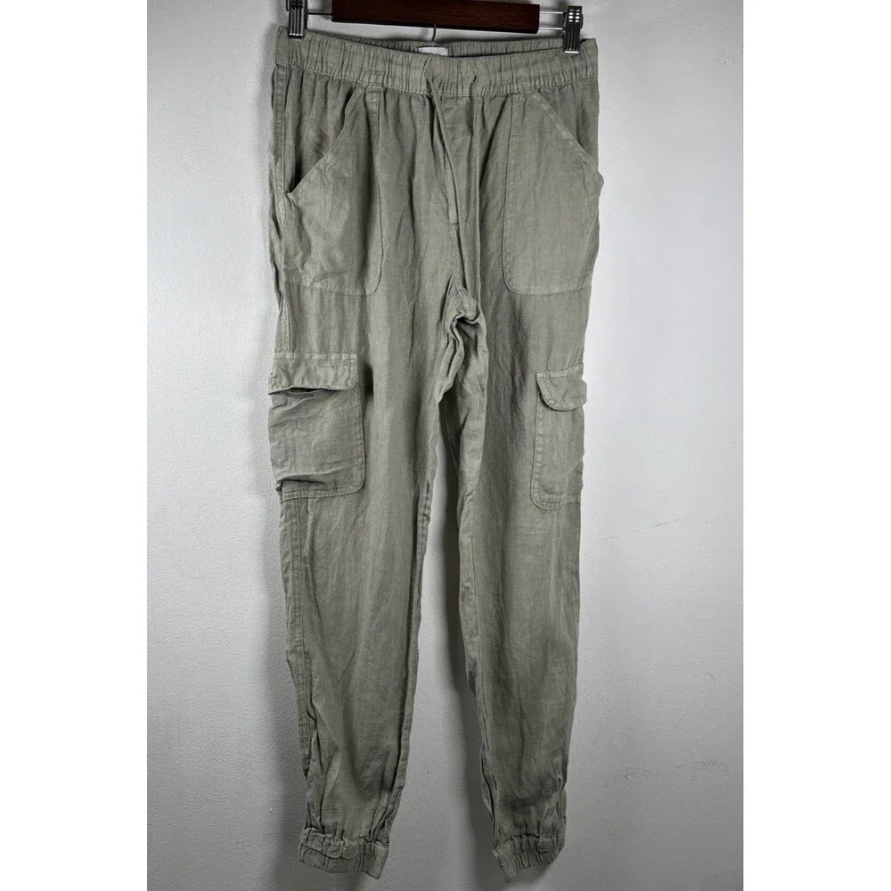 Nicole Miller New York 100% Linen Cargo Jogger Pant Women’s S Sage Green pull on